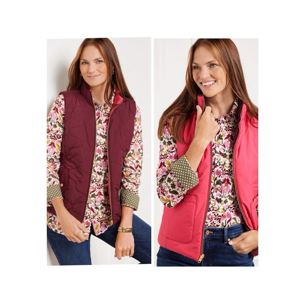 Talbots Reversible Quilted Zip Vest Maroon Coral Gold Zipper Pockets Women's L